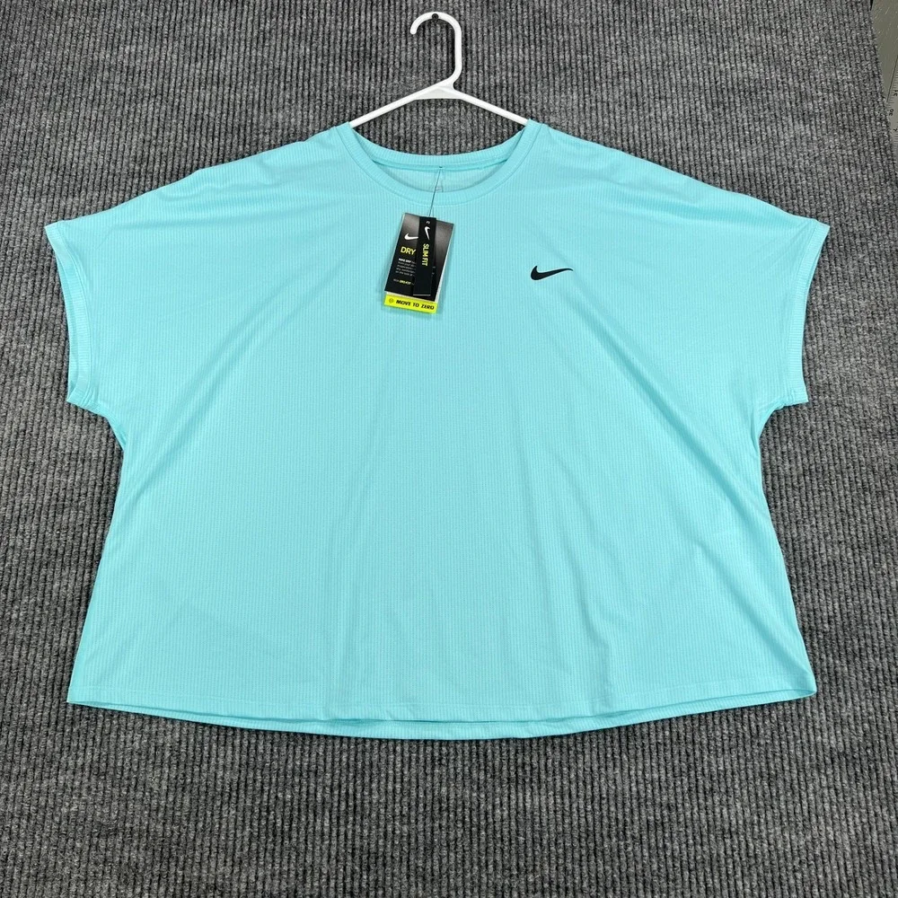 Nike Dri Fit Top Shirt Womens 1X Blue Short Sleeve Loose Fit Training Tee New